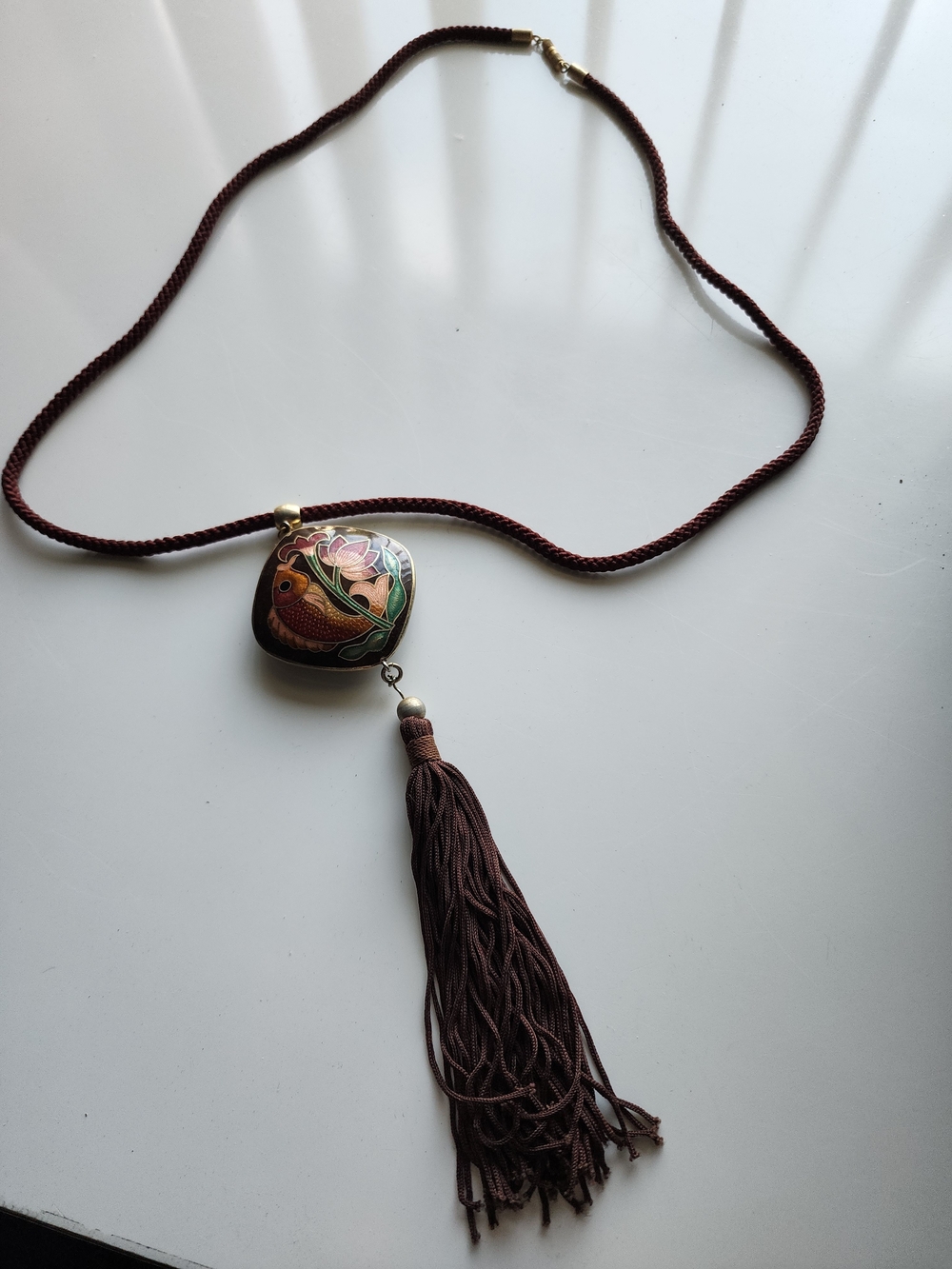Brown Braided Cord Necklace w/ Square Fish & Floral Charm Pendant & Tassel